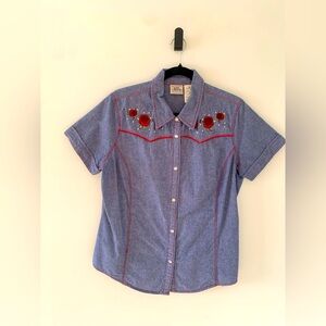 Ash Creek Vintage Cotton Denim XL Western Blouse Pearl Buttons Embroidered Roses